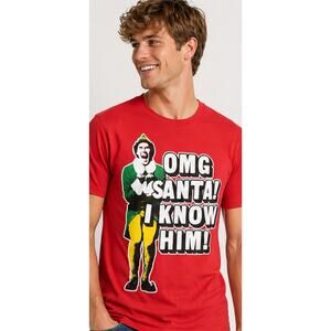 Elf Movie Graphic Tee OMG Santa I Know Him Mens M Red Christmas Shirt